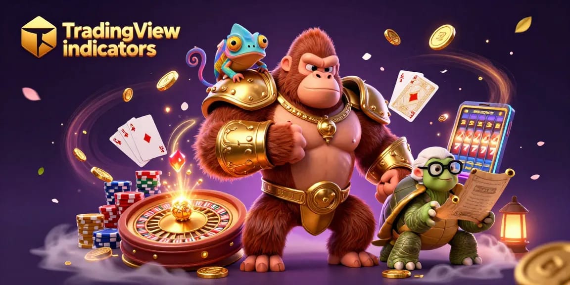Engage with dynamic TradingView indicators in a vibrant casino-themed illustration.