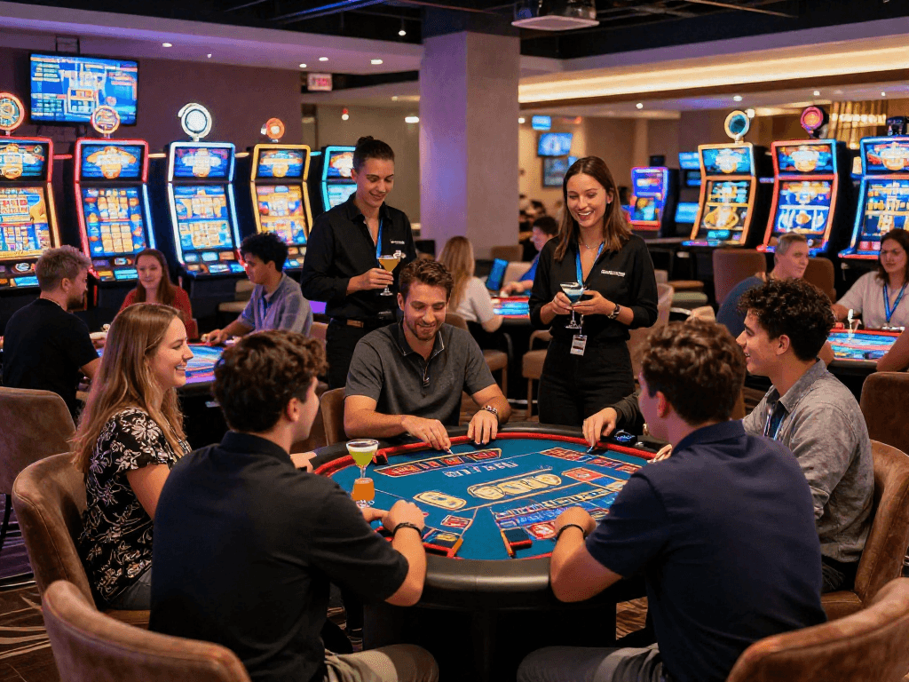 Un vivace casinò non AAMS con gruppi di amici che giocano e si divertono.
