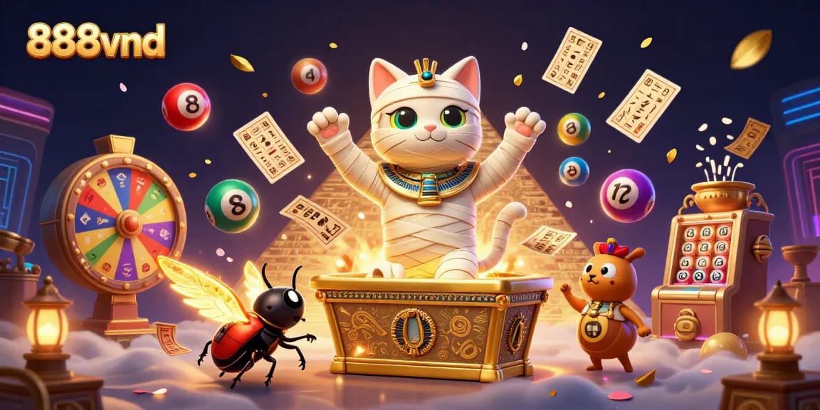Engage with thrilling games at 888vnd, featuring an Egyptian mummy cat and golden treasures.