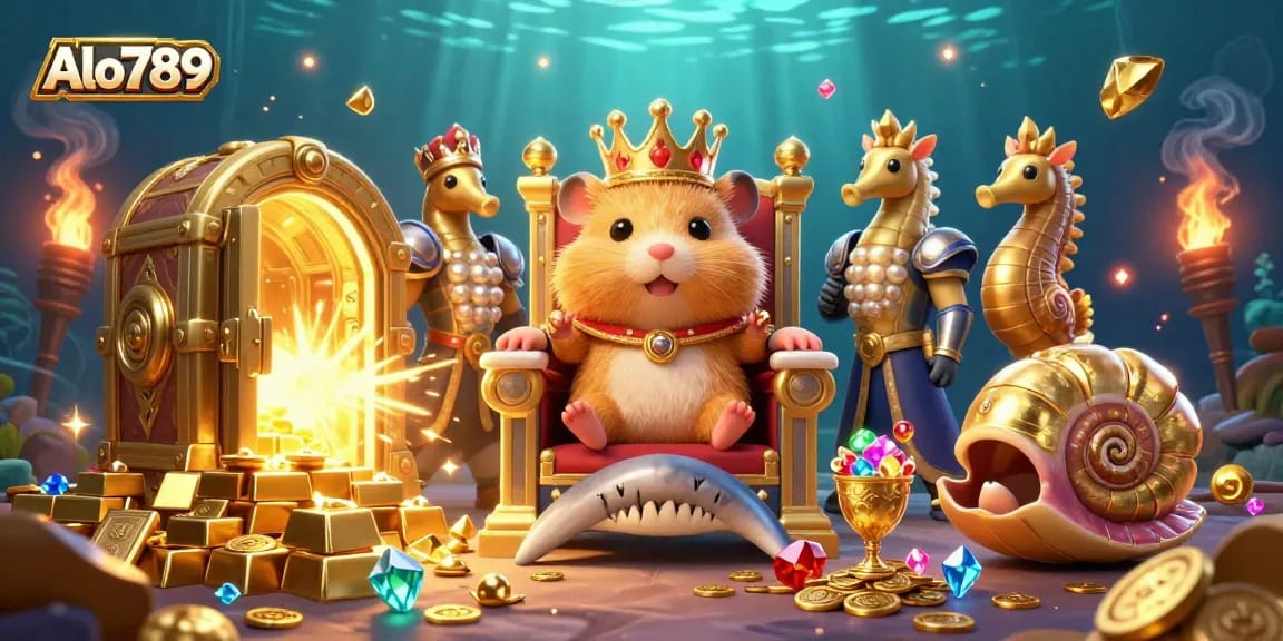 Alo789 elevates the gaming experience with a golden hamster king amidst treasures and royal seahorse guards in a vibrant online casino.