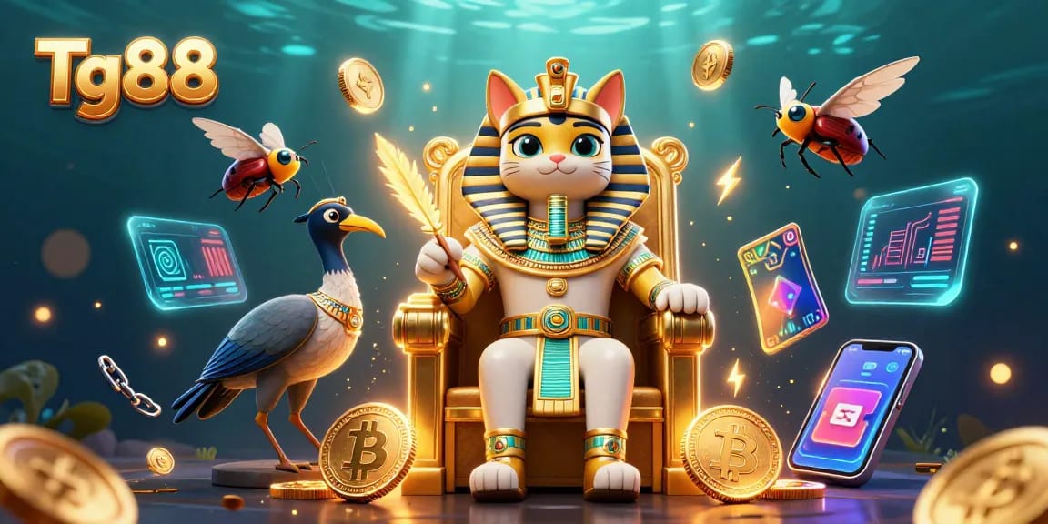 Experience thrilling gameplay at Tg88 with a golden pharaoh cat, scarabs, and crypto elements.