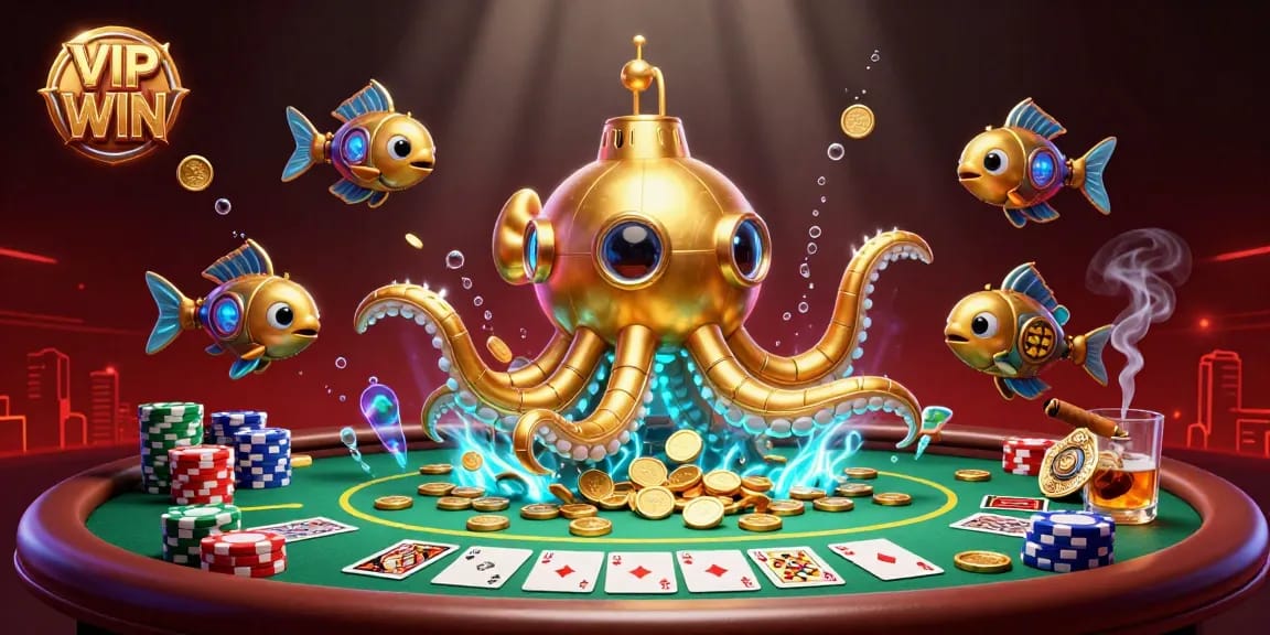 Join the underwater adventure as VIPWIN reveals a spectacular poker scene filled with golden coins.