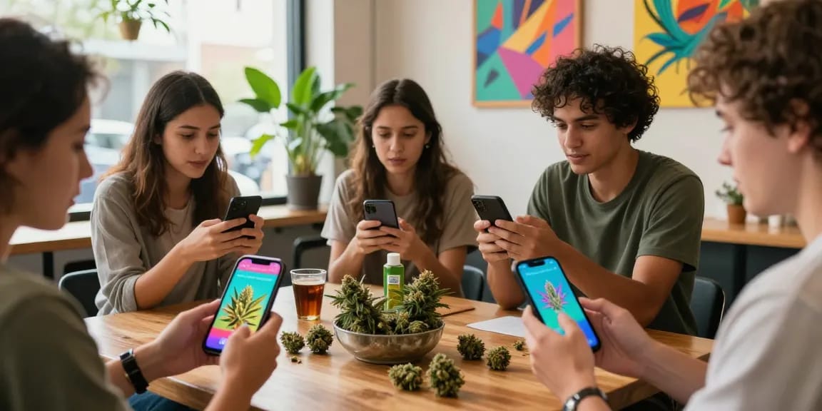 Engaging Telegram weed community discussion in a vibrant cafe, showcasing cannabis culture.