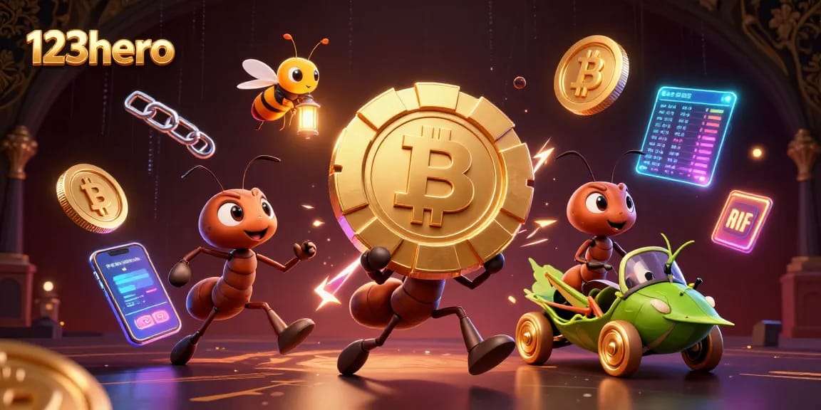 Engage in thrilling gameplay with 123hero's vibrant casino heist scene featuring ants and crypto elements.