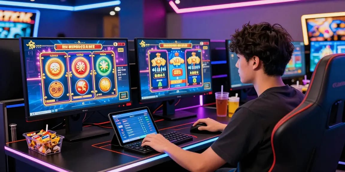 ผู้เล่น สล็อตเว็บตรง นั่งที่โต๊ะเกมพร้อมกับสองจอแสดงผลเกมที่น่าตื่นเต้น