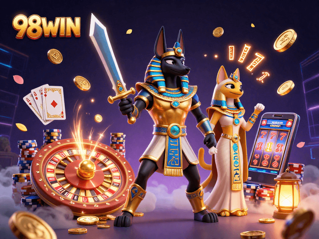 Experience thrilling action with 98WIN as Anubis and Bastet win big at casino games.