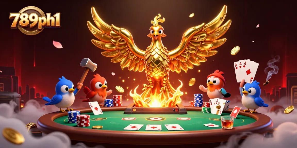 Experience the thrilling aura of 789ph1 with a molten phoenix amid poker chips and games.