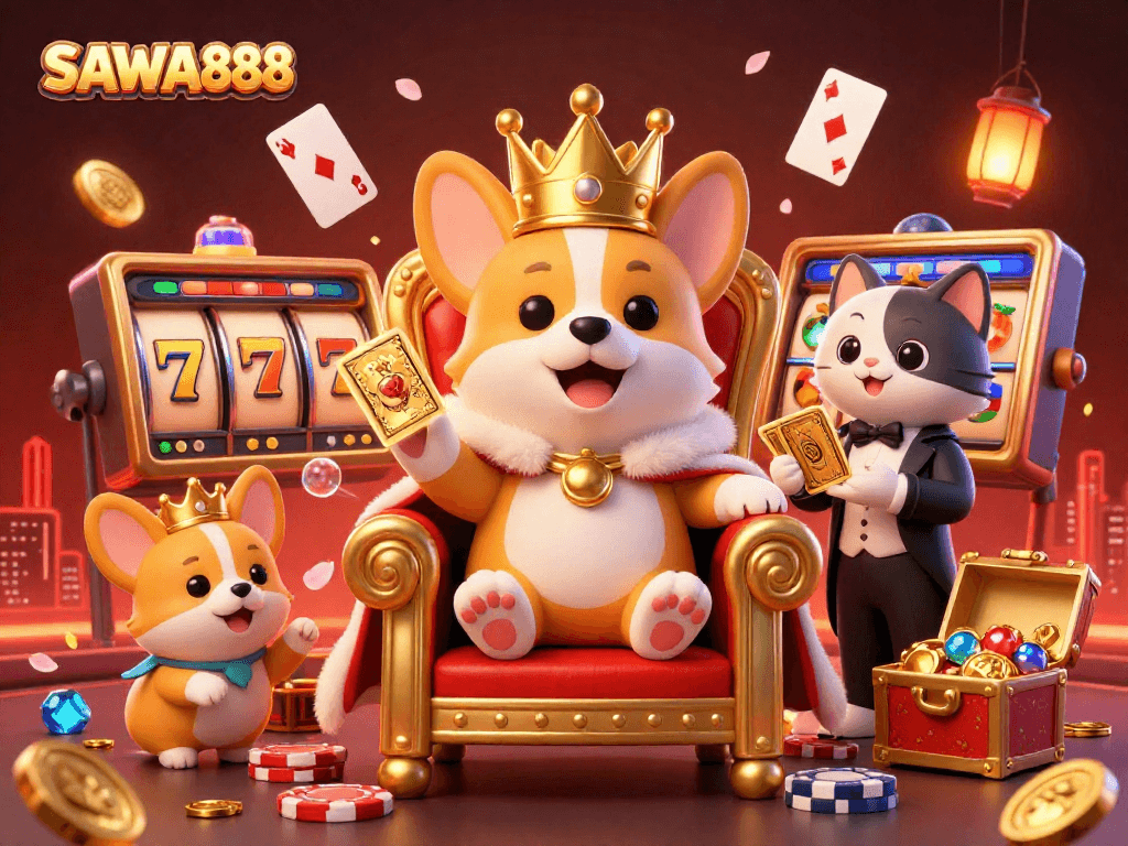 SAWA888 showcases an enchanting royal corgi in a vibrant casino theme, surrounded by lively slot elements and treasure chests.