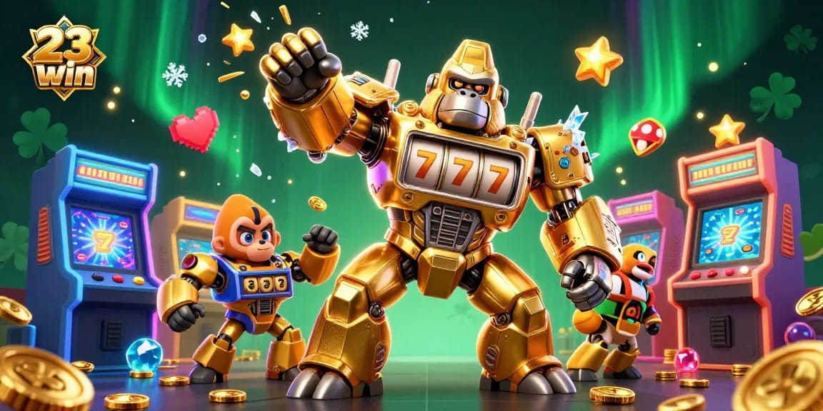Experience thrilling gameplay in 23win's dynamic casino, featuring a golden mech and slot machine parts.