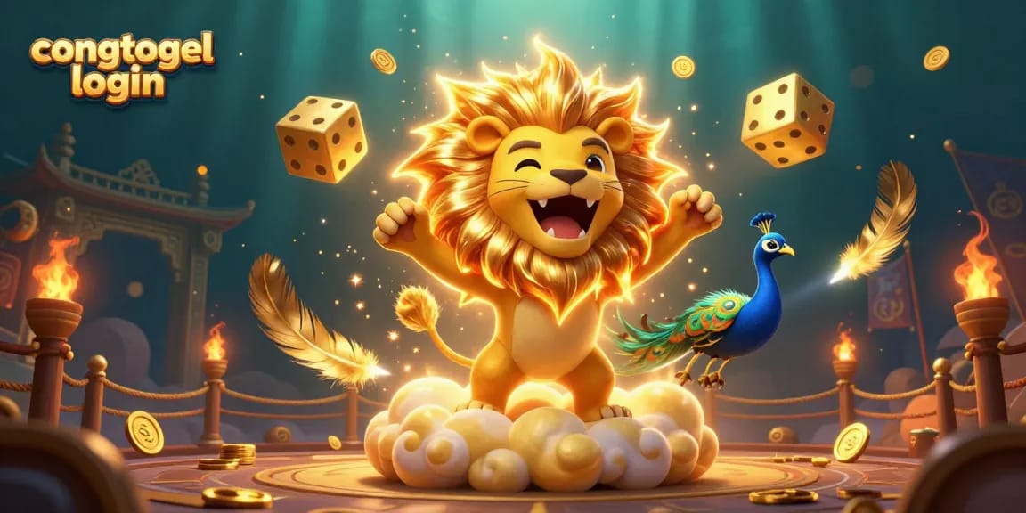 Engage with congtogel login for exciting casino adventures featuring a roaring lion and cosmic dice.