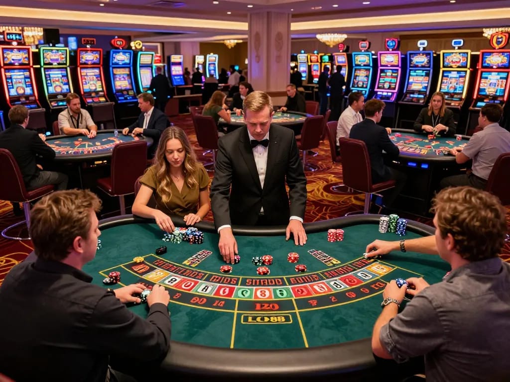 Players enjoying the excitement of roulette at LC 88 casino, vibrant atmosphere with colorful chips and engaging dealers