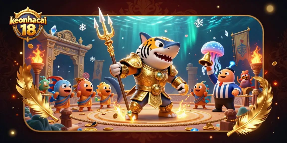 Engage with keonhacai 18 in an underwater colosseum featuring a tiger shark in gladiator armor.