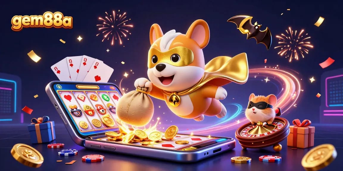 Win big at gem88a as a superhero dog and hamster fly through a vibrant casino scene filled with excitement.