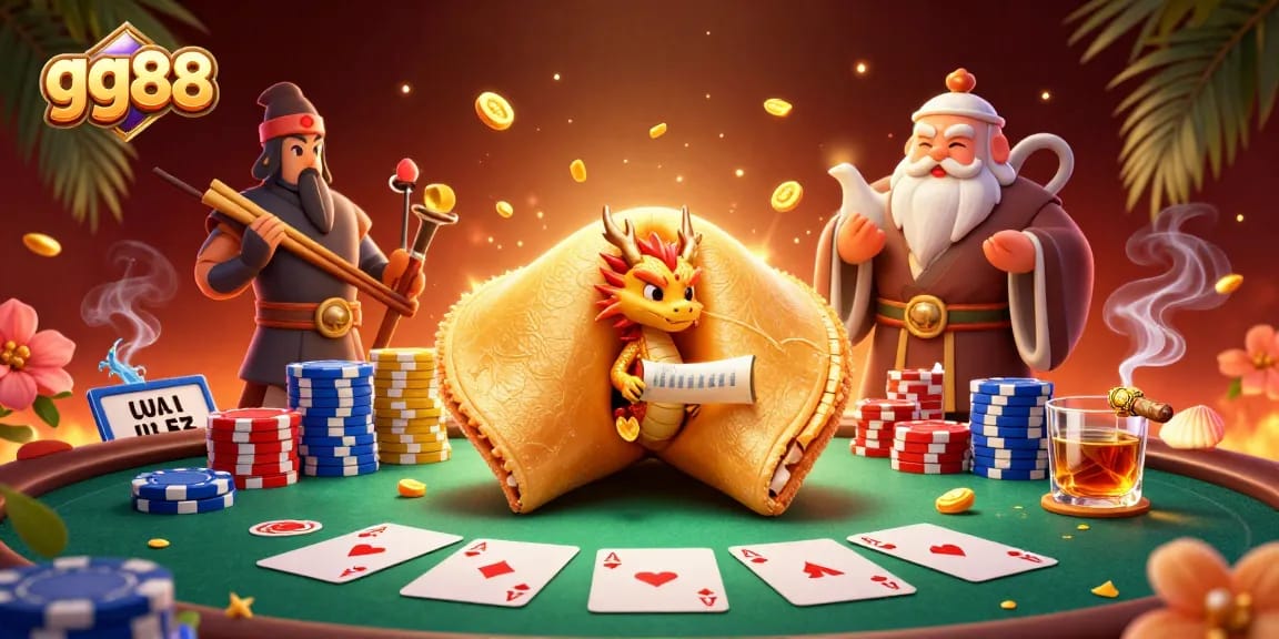 Join the excitement at gg88 with a captivating 3D scene featuring a fortune cookie, poker elements, and dynamic characters.