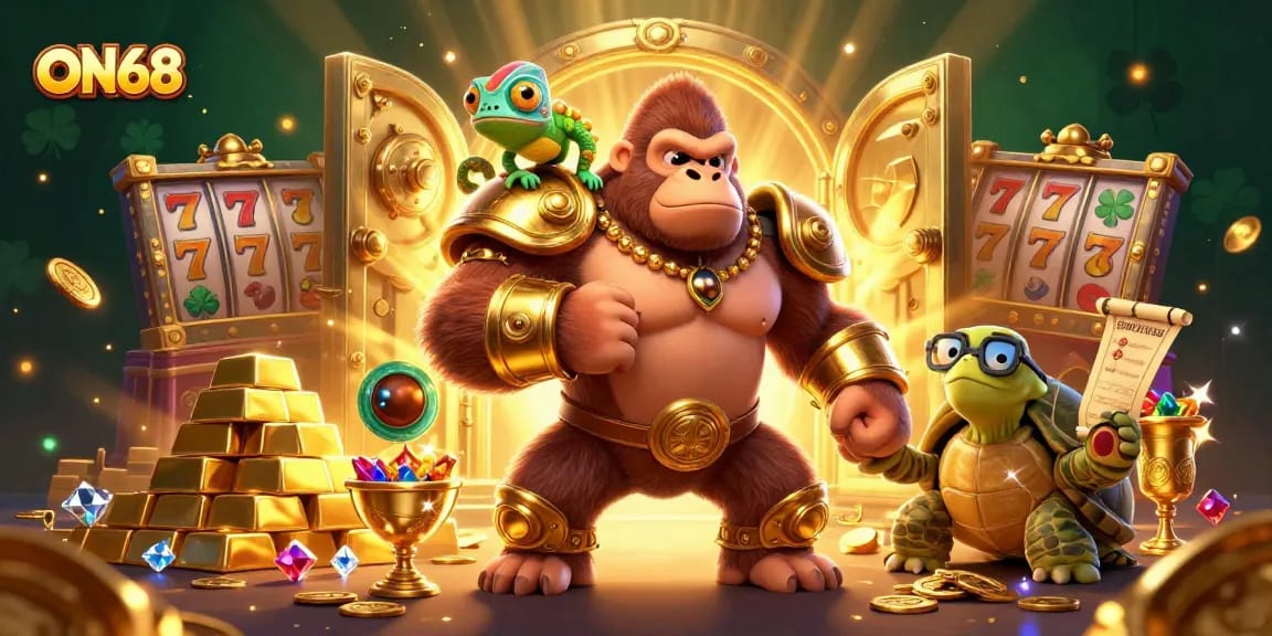 Experience exciting gaming with ON68 featuring a golden gorilla king and vibrant treasures.