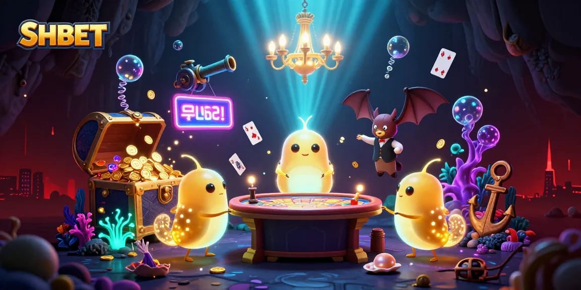Experience the excitement of SHBET in a vibrant cave casino with glowing creatures and treasure elements.