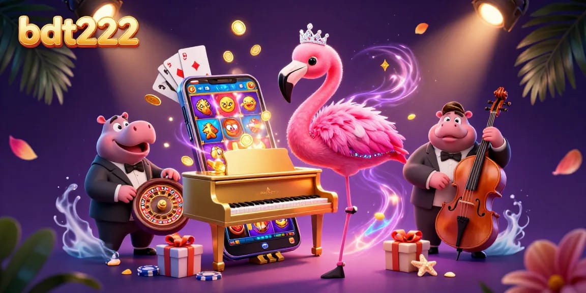 Experience thrilling gameplay with bdt222, featuring a vibrant flamingo singer and joyful gaming elements.