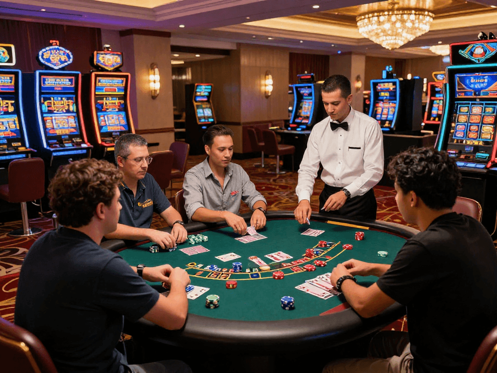 Giocatori al tavolo da blackjack in un casinò non AAMS, atmosfera vivace e coinvolgente.