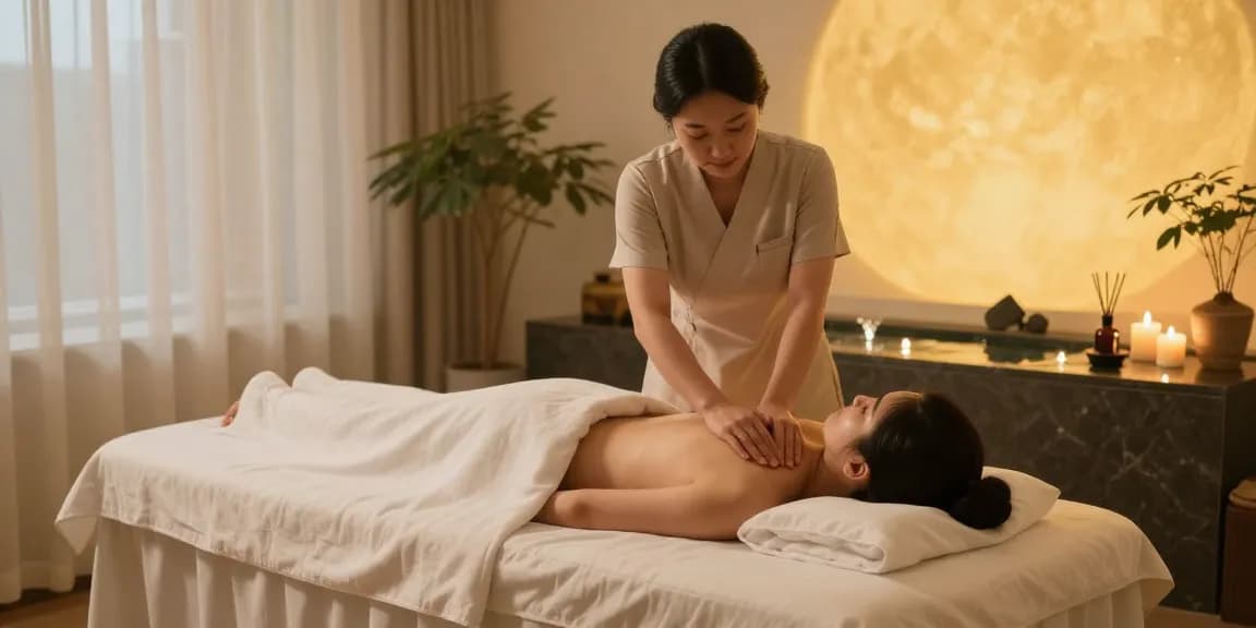 Relaxing scene of 성동구출장마사지 therapy session with therapist and client in serene spa.