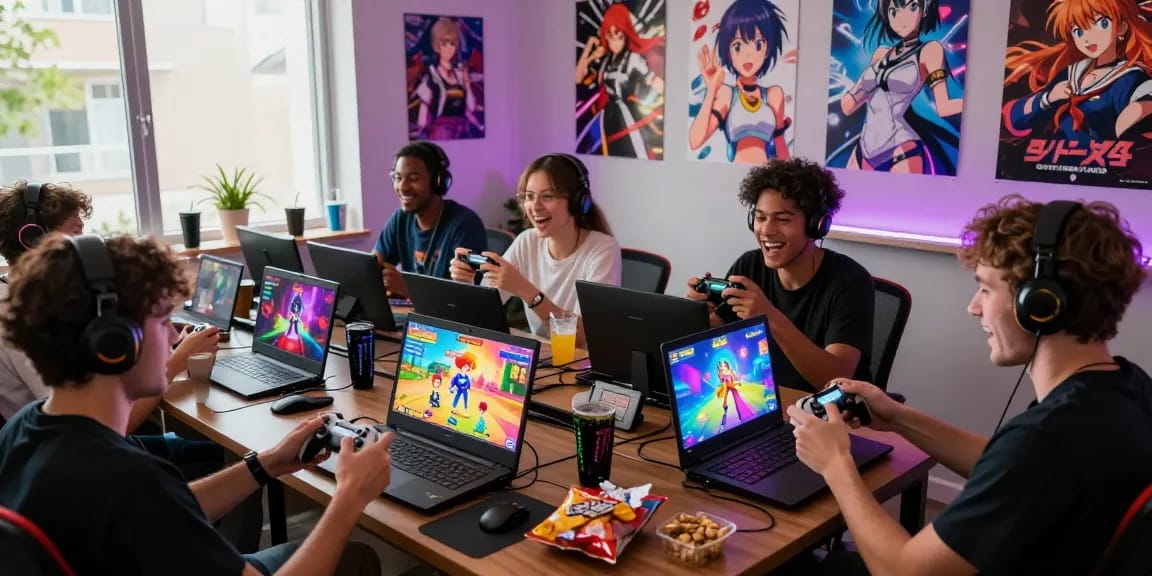Young adults playing hentai games online together in a lively gaming room.