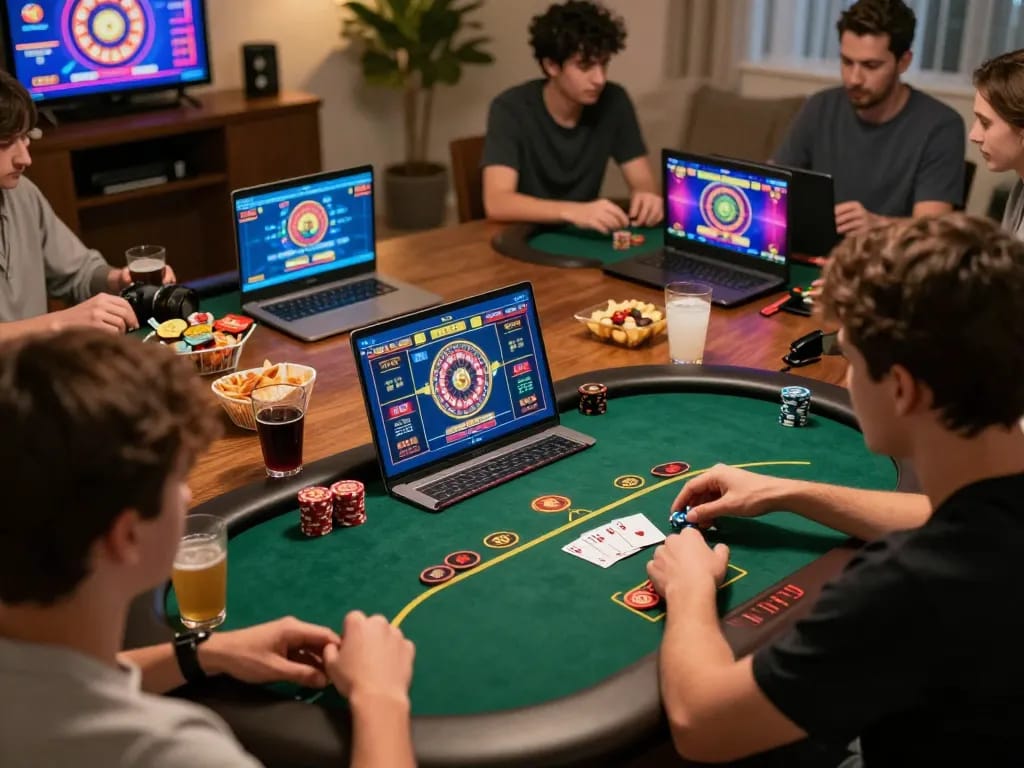 Players strategizing on OKFUN casino games in a lively online gaming setup with competitive atmosphere.