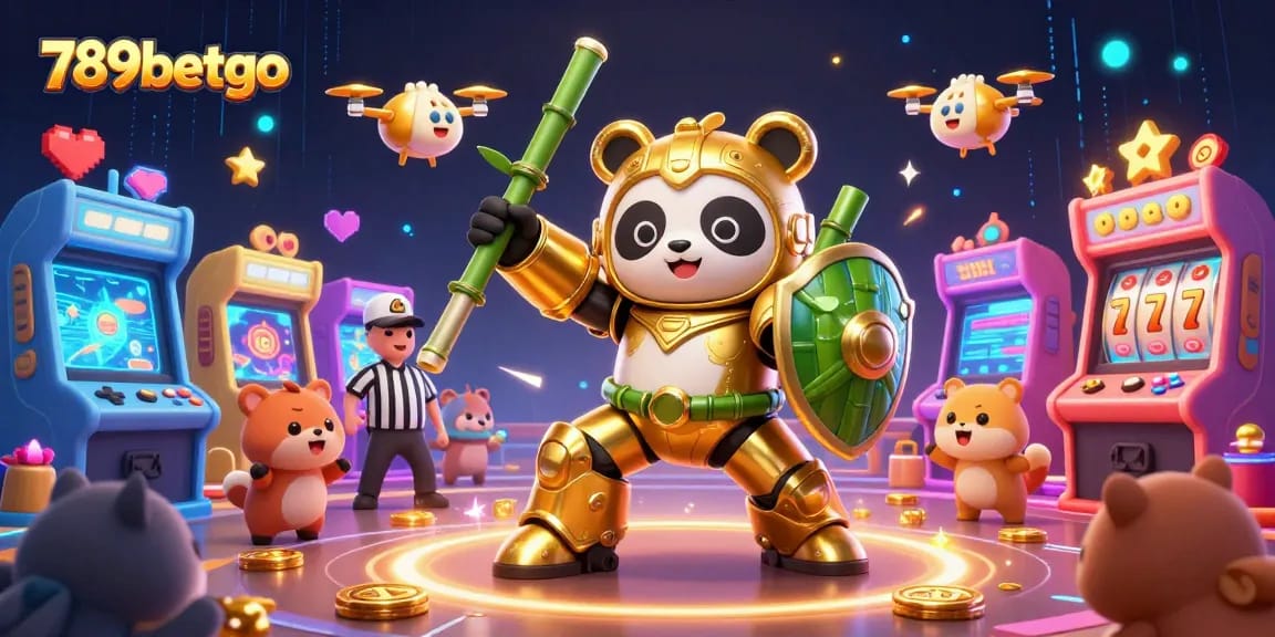 Experience thrilling action with 789betgo's golden mech-panda in a vibrant gambling arena!