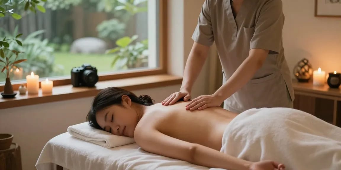 Relaxing massage therapy session in a serene spa environment, featuring essential oils and calming ambiance, perfect for 성남출장마사지.