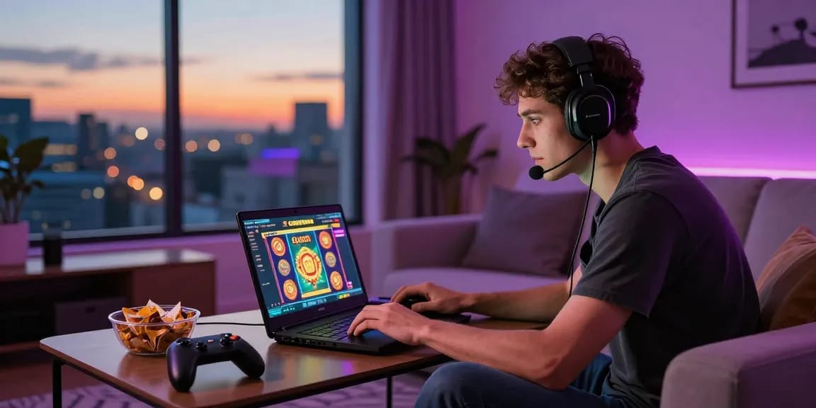 Engaged gamer enjoying slot gacor experience on laptop in cozy living room.