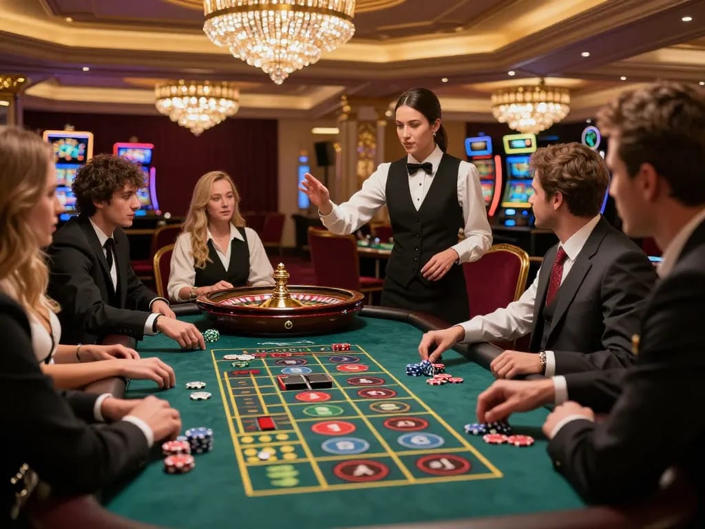 Nohu casino players placing bets at a roulette table in an elegant gaming venue.