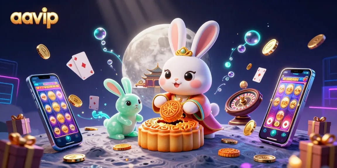 Aavip offers exciting gaming with a cartoon moon rabbit generating poker chips from mooncakes amidst colorful casino elements.