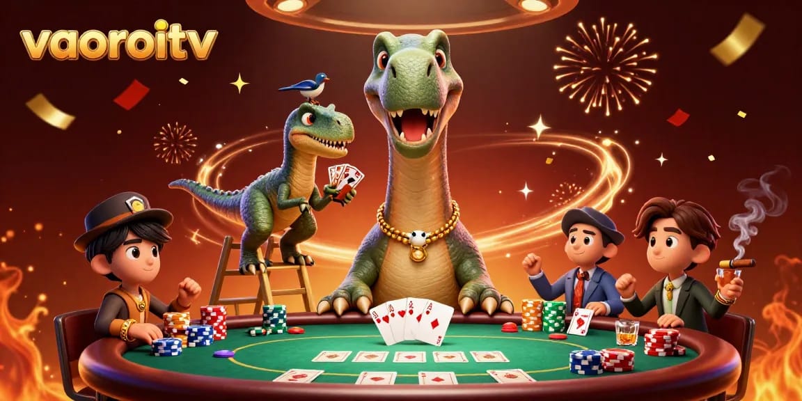 Experience thrilling poker action with vaoroitv as the brontosaurus towers over a vibrant casino scene.