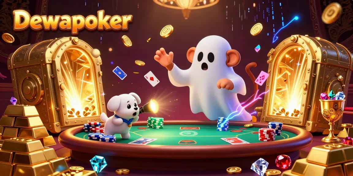 Dewapoker showcases a playful scene of a poltergeist monkey juggling golden poker chips, engaging a puppy with a flashlight, in a rich casino setting.