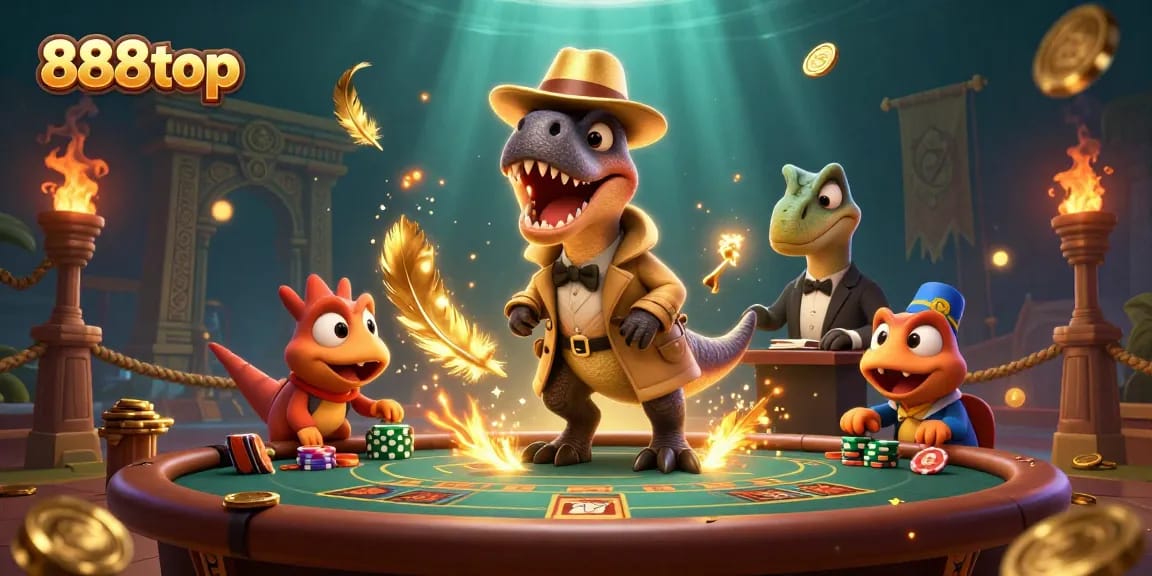 Engage with exciting 888top casino games featuring animated dinosaurs at a vibrant blackjack table.