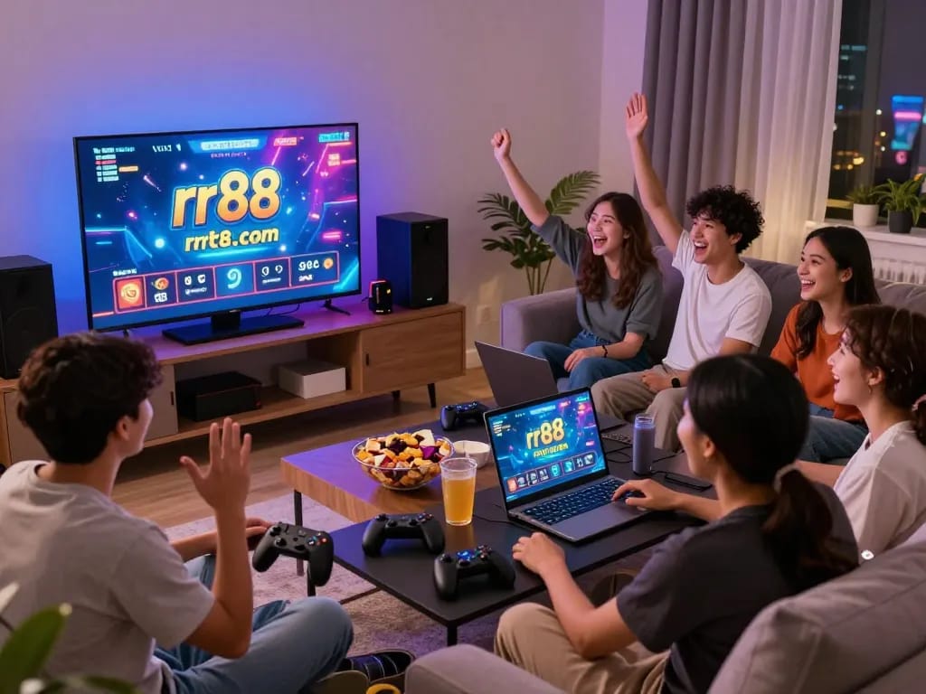 Group of friends enjoying online betting on rr88.com in a lively home gaming setup.