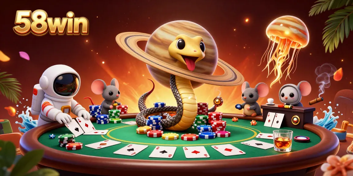 Experience thrilling bets at 58win's cosmic casino, featuring dynamic gaming elements and vibrant characters.