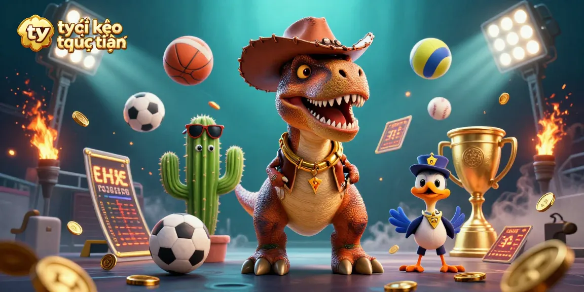 Engage with tỷ lệ kèo trực tuyến betting dynamics in a vibrant 3D illustration featuring a cowboy dinosaur and sports elements.