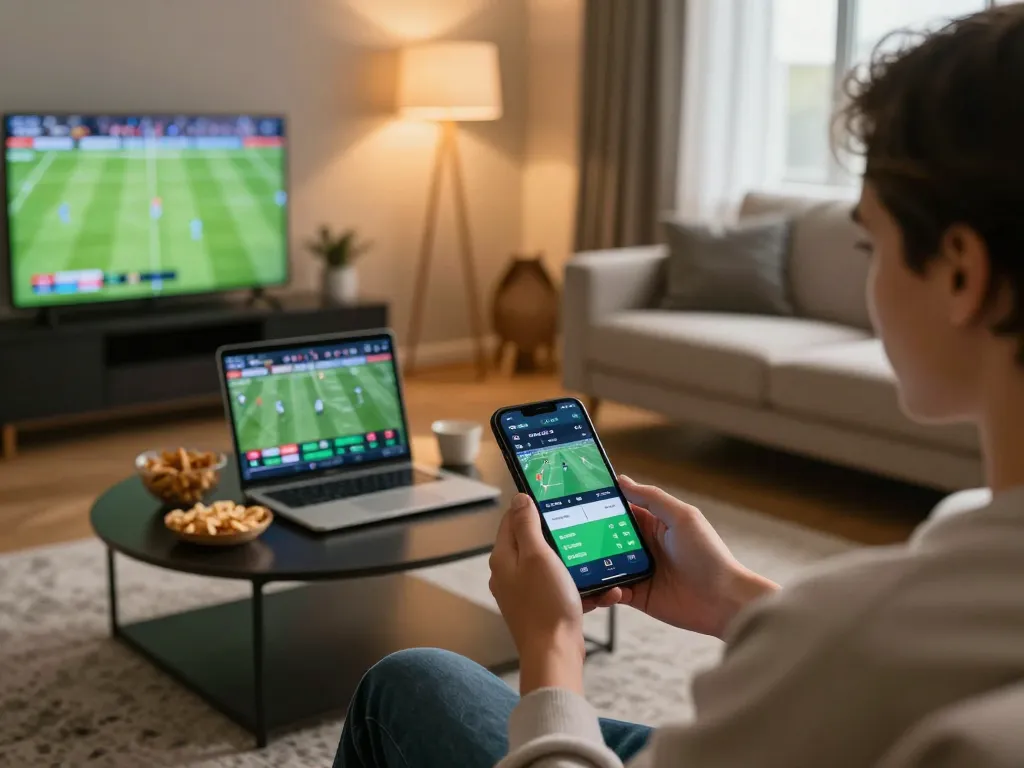 Engaged in online sports betting, checking keo nha cai hom nay on smartphone in a cozy living room
