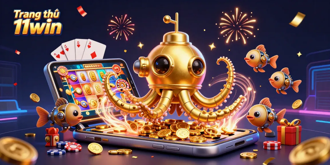 Engage in thrilling gameplay at Trang chủ 11win surrounded by golden kraken and slot machines.