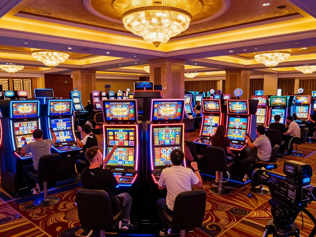 Engaged players celebrating wins at Pragmaticplay slot machines in a vibrant casino.