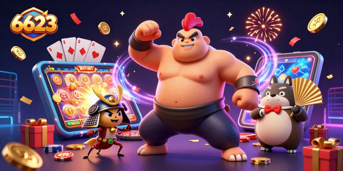 Experience thrilling moments at 6623 with an intense sumo rooster and cricket duel surrounded by casino game elements.