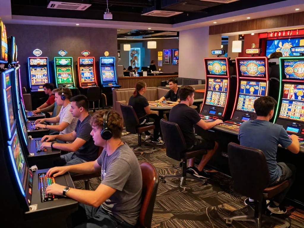 Exciting gaming lounge scene showcasing Casinos Sans dépôts activities with players at slot machines and poker tables.