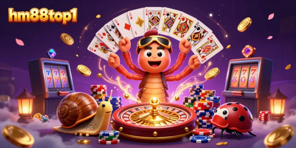 Experience excitement at hm88top1 with a vibrant casino scene featuring a millipede dealer and unique characters.