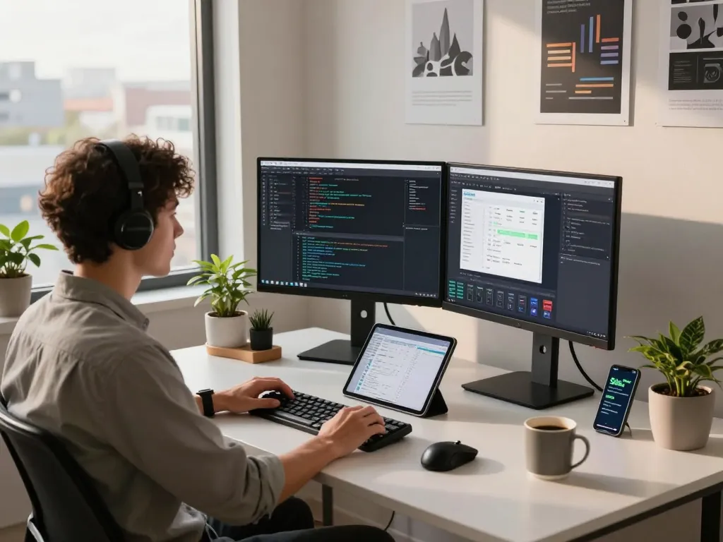 Developer utilizing clawbot in a modern home office, showcasing coding activities