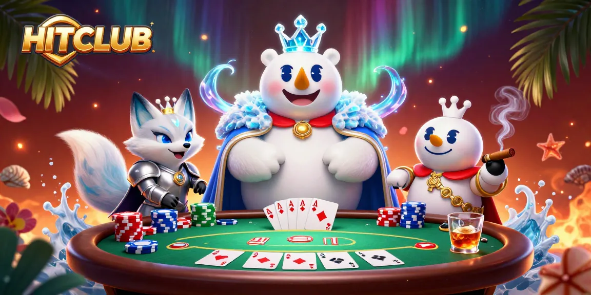 Try your luck at HITCLUB with a vibrant casino scene featuring a poker showdown and exciting gaming elements.