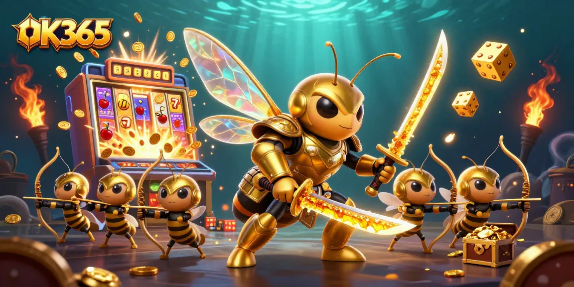 Experience thrilling jackpots at OK365: a vibrant 3D scene with golden hornet samurai and casino elements.
