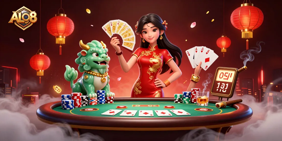 Experience thrilling ALO8 gaming with a woman in a qipao and poker elements amidst vibrant lanterns.