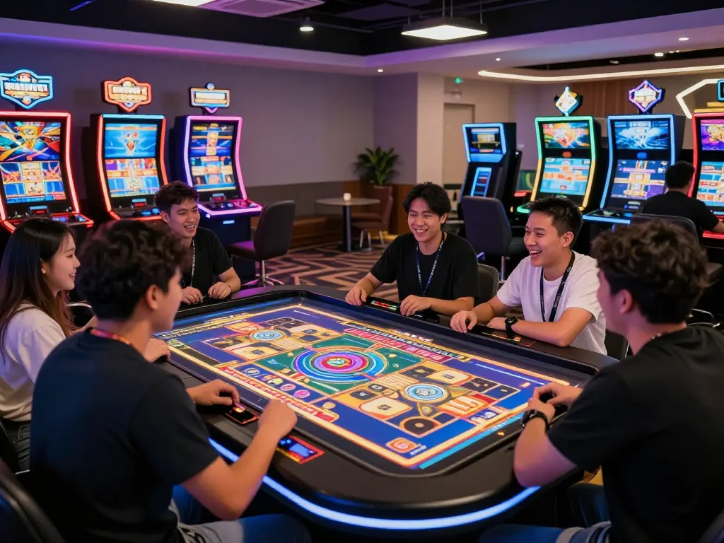 Friends enjoying an interactive gaming experience on 68win, surrounded by colorful slot displays and vibrant casino atmosphere.