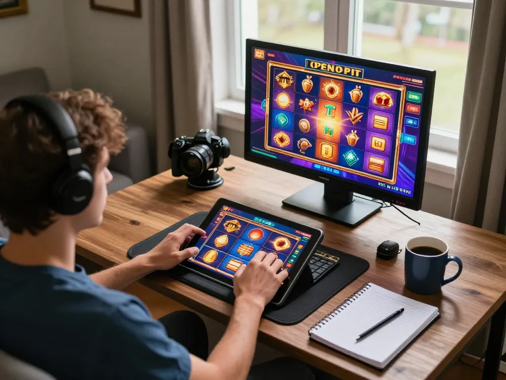 Engaging player enjoying slots gameplay on tablet at home, showcasing https://rr88co.net/ rich graphics and cozy gaming environment