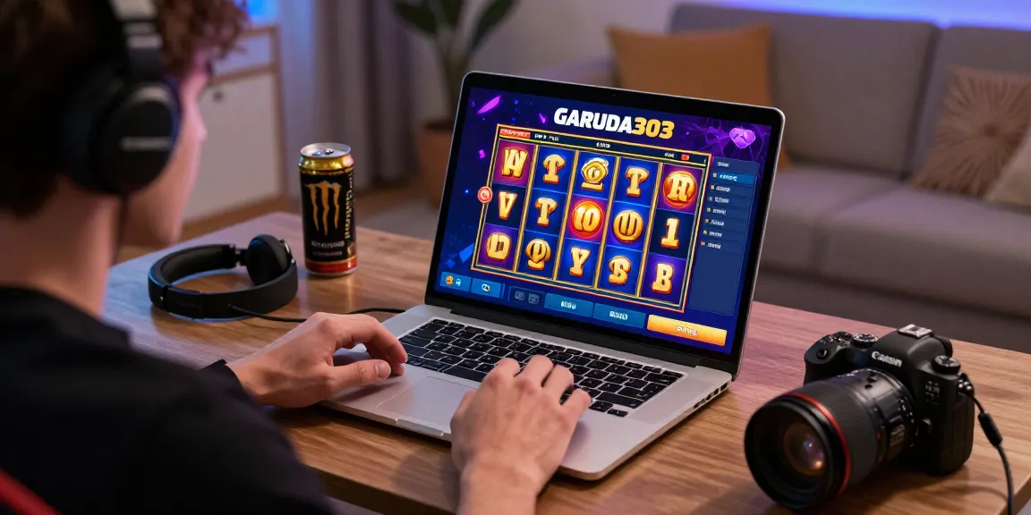 Player immersed in online gaming on Garuda303 with vibrant slot interface and gaming accessories.