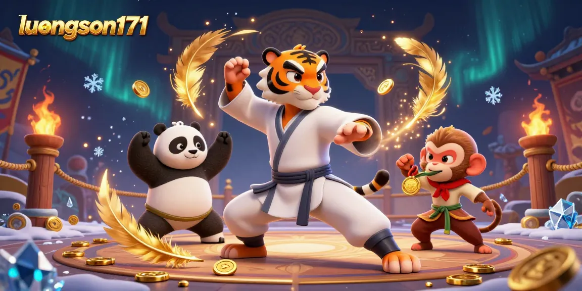 Experience the vibrant action of luongson171 with a kung fu tiger, panda disciple, and a monkey at a dynamic gambling arena.